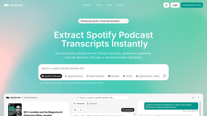 SpotScribe:智能音频转文字,播客转录、摘要与交互式问答实用AI工具-第1张图片 SpotScribe:智能音频转文字,播客转录、摘要与交互式问答实用AI工具-第1张图片