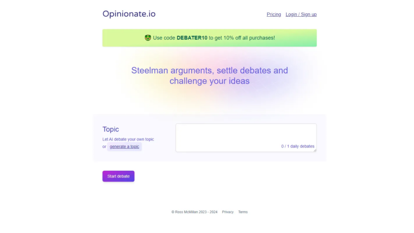 Opinionate IO:一款好用的智能AI辩论辅助工具,助力观点补强思辨练习与团队决策辅助-第1张图片 Opinionate IO:一款好用的智能AI辩论辅助工具,助力观点补强思辨练习与团队决策辅助-第1张图片