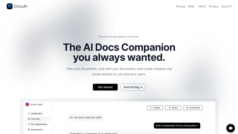 Docs AI智能文档工具:支持文档训练问答、搭建网站AI机器人,可定制品牌界面自带PWA极速访问-第1张图片 Docs AI智能文档工具:支持文档训练问答、搭建网站AI机器人,可定制品牌界面自带PWA极速访问-第1张图片