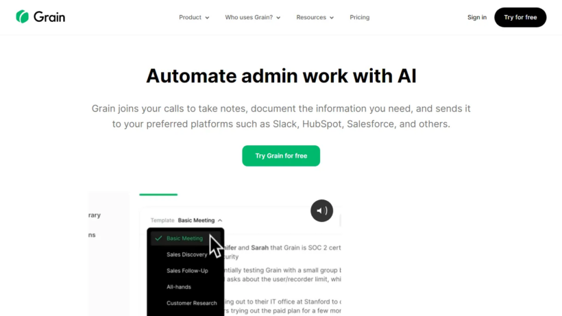 Grain AI:智能个性化会议纪要工具,AI自动整理会议内容,助力销售办公全面提效-第1张图片 Grain AI:智能个性化会议纪要工具,AI自动整理会议内容,助力销售办公全面提效-第1张图片