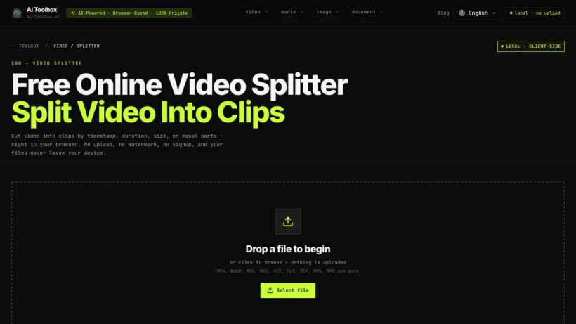 AI Toolbox Video Splitter:免费网页本地视频分割工具,多模式裁切高清视频且保护隐私-第1张图片 AI Toolbox Video Splitter:免费网页本地视频分割工具,多模式裁切高清视频且保护隐私-第1张图片